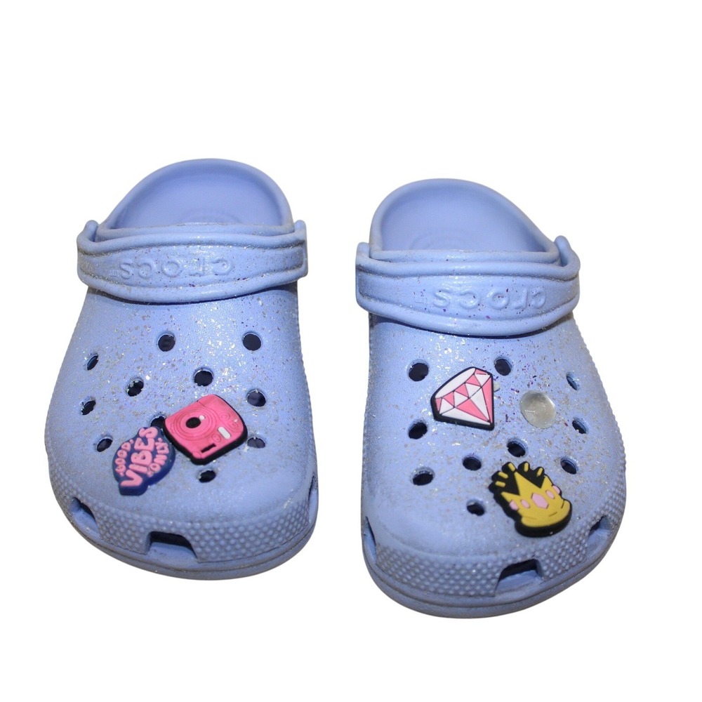 Crocs Classic Clog Kids J1 Purple Good Glitter Sparkly Jibbitz Charms